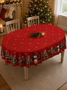 1pc Red Snowman Christmas Tablecloth, Holiday Polyester Rectangular Tablecloth, Printed With Snowflakes, Pine Tree Wreath, Holly Berries And Border Pattern, Suitable For Kitchen Decor, Home Decor, Room Decor, Christmas Home Decor And Classroom Decor - Multicolor - View 18