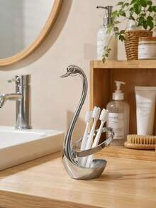 1pc Luxury Swan Design Toothbrush Holder, Stainless Steel Desktop Storage Rack, Suitable For Home Bathroom Vanity And Multiple Scenes, Sturdy Placement For Toothbrush And Toothpaste, Exquisite Artistic Craftsmanship Decor, Minimalist Silver Appearance, Space-Saving, Bathroom Desktop Decoration And Storage 2-In-1 Practical Item - Multicolor - View 4