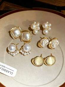5pcs/Set Vintage Faux Pearl Silver Needle Earrings, Minimalist Luxury Earring Set - Multicolor - View 1