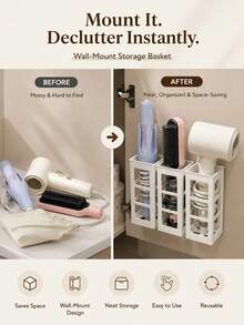 Curling Iron Storage Box, Hair Dryer Holder, Straightener Organizer Rack, Divided Storage, Strong Load-Bearing, No-Drill Design, Moisture-Proof, Wall-Mounted, Plastic Material, Multi-Function Storage Rack - Multicolor - View 9