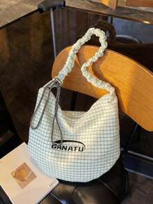 Bolso de hombro con estampado de patrón de cuadros texturizados, detalle de decoración de correa de hombro plisada, estilo casual y relajado, bolso de hombro en forma de media luna para mujer, bolso para uso diario, compras y viajes, bolso grande suave y relajado, bolso de hombro para combinar a diario - Verde - Ver 4