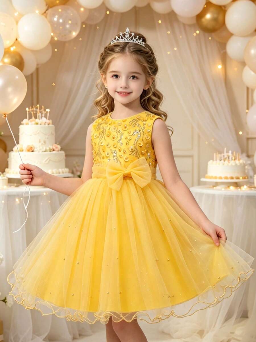 女童優雅串珠公主禮服，可愛女孩婚禮花童裙，生日派對、節日、表演用小正式洋裝