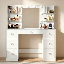 Teousev Dressing Table With LED Lighted Mirror, 7 Drawers & Open Side Storage Shelves, White Makeup Vanity Desk With Adjustable 3 Light Modes For Bedroom - White - View 6