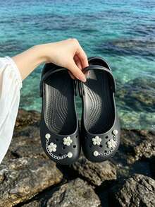 Women's Black EVA Mary Jane Style Clogs, 2-Way Wear Slip-On Sandals With Pearl Flower Decor And Chain, Summer Casual Shoes - Black - View 1