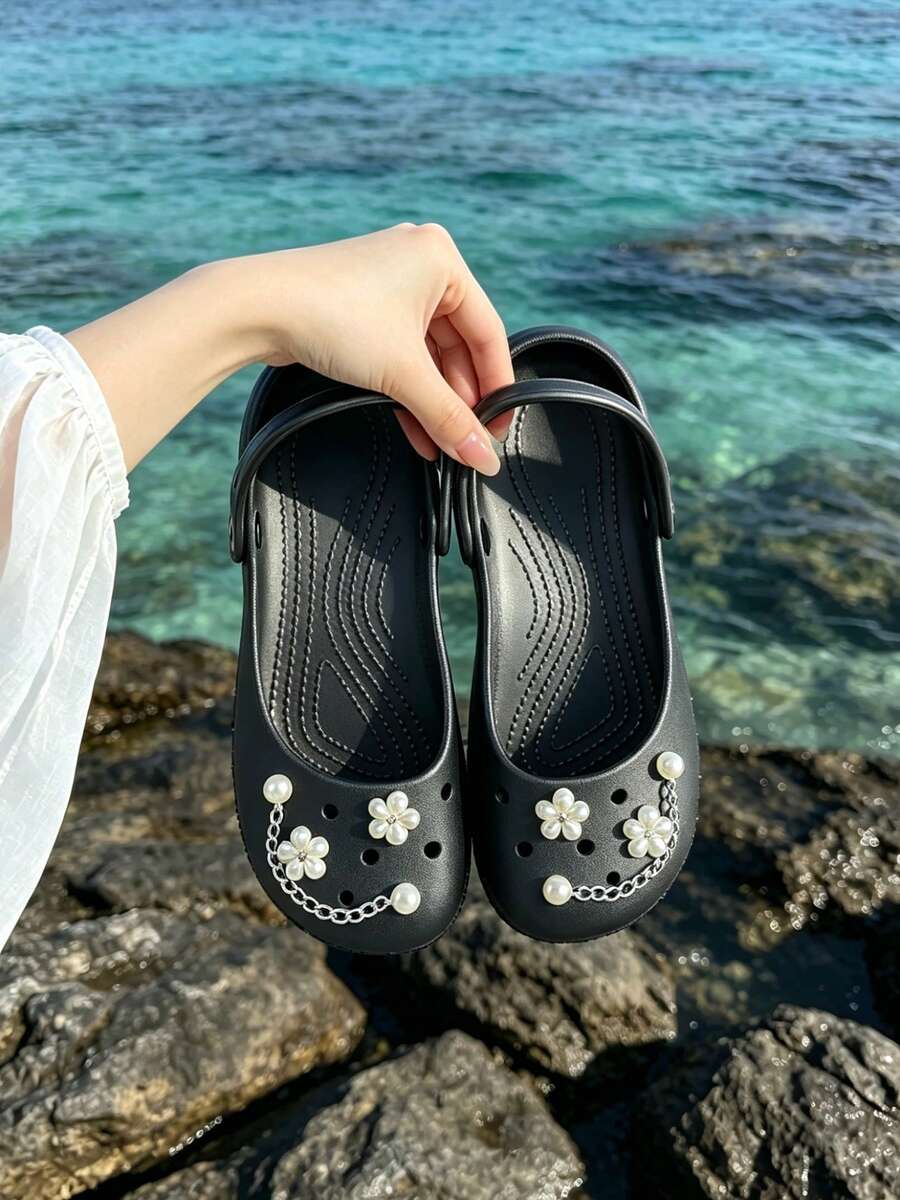 Women's Black EVA Mary Jane Style Clogs, 2-Way Wear Slip-On Sandals With Pearl Flower Decor And Chain, Summer Casual Shoes - Black - View 1