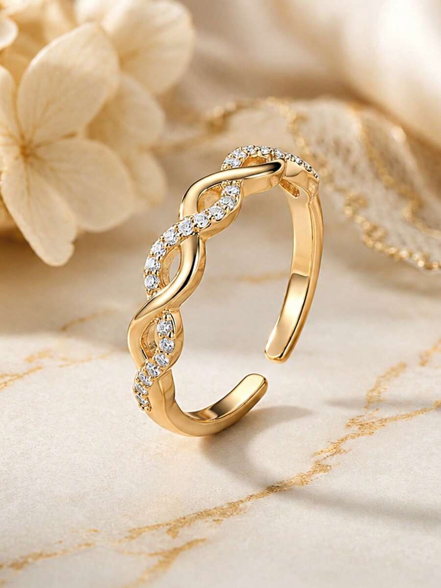 1pc Gold Twisted Rope Zirconia Ring, Adjustable Open Band, Fashionable Gift For Women's Daily Wear - Gold - View 1