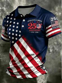 Camisa Polo Masculina de Verão 250º Aniversário do Dia da Independência Patriótica, Estampa da Bandeira Americana Vintage Desgastada, Gola Polo, Manga Curta, Versátil e Fashion - Multicolorido - Visão 2
