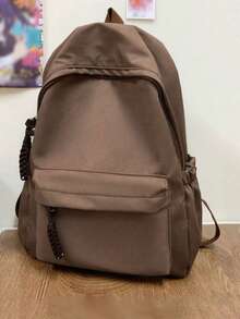 1pc Minimalist Solid Color Nylon Backpack, Woven Rope Zipper Design, Multi-Pocket Compartment Storage, Durable And Wear-Resistant Fabric, Large Capacity, Can Store Books, Stationery And Personal Items, Suitable For Daily School, Short Trips, Versatile And Timeless Style, Recommended Backpack For Back To School Season, Suitable As Christmas Gift, Halloween Gift, Thanksgiving Gift For Students And Teenagers - Multi-color - View 3