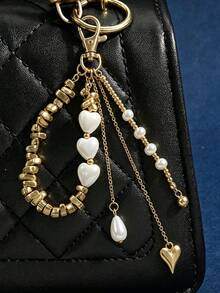 1Pc Luxury Alloy Heart Pendant Keychain Elegant Multi-Layer Tassel Pearl Decor Bag Charm Premium Ornament Gift For Daily Accessory Decoration - Multicolor - View 1