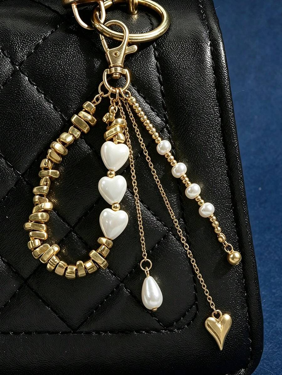 1Pc Luxury Alloy Heart Pendant Keychain Elegant Multi-Layer Tassel Pearl Decor Bag Charm Premium Ornament Gift For Daily Accessory Decoration - Multicolor - View 1