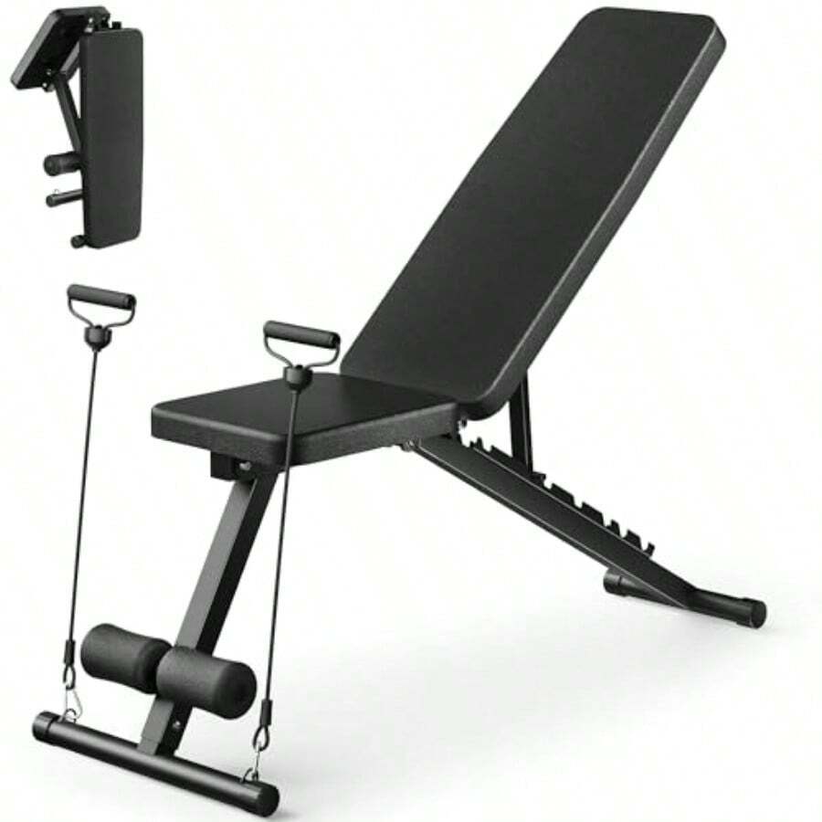 Free Shipping Adjustable Weight Bench For Home Gym, Foldable Workout Bench For Full Body Fitness Dumbbell Exercise, 600LBS Incline Decline Flat Bench With Resistance Bands For Strength Training - Black - View 1