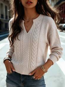 Sweater Rajut Kabel Warna Oatmeal Wanita, Leher V Setengah Terbuka, Pullover Lengan Panjang Longgar Bahu Jatuh Lembut Mirip Wol, Atasan Kasual Sehari-hari untuk Musim Gugur dan Musim Dingin - Aprikot - View 2