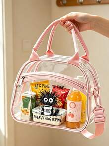 Insulated Lunch Bag With "Everything Is Fine" Print, Coffee Cup Design Portable Transparent Lunch Bag, PVC Material, Fashionable Portable Lunch Box Bag, Large Capacity Lunch Bag, Lunch Bag For Office Workers And Students, Multi-Functional Travel Storage Bag, Suitable For All Seasons, Reusable Transparent Snack Storage Tote Bag, Suitable For Outdoor Picnic Camping Travel, Includes Matching Utensil Storage Bag - Multicolor - View 4