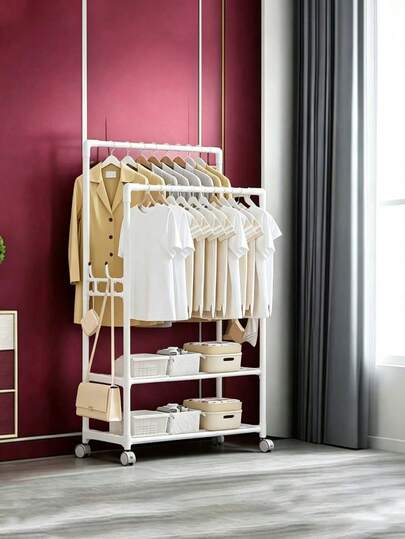 1pc Multifunctional Iron Garment Rack With Shoe Shelf, Mobile Storage Rack, Suitable For Living Room, Entryway, Bedroom, Study, Office, Holiday Gift, Christmas Present