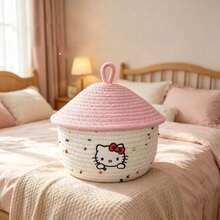 SANRIO 1pc Cartoon Embroidered Cotton Rope Woven Storage Basket With Lid, Pink Top Cover, Polka Dot & Heart Design, Desktop Organizer Box For Dolls, Snacks And Sundries, Girly Bedroom Home Decor Storage Organizer - One Size - View 6