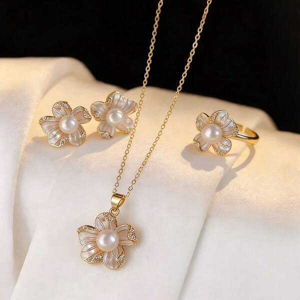 3 Pieces Jewelry Set Including Necklace, Ring And Earrings, Lightweight Luxurious French Style Design With Faux Pearl Flower, Perfect For Daily Wear, Ideal Valentine's Day Gift