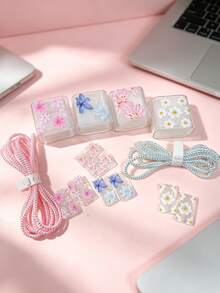 6pcs Fresh Floral Pattern Data Cable Protection Storage Bag Set, Charger Data Cable Protective Sleeve Tangle-Free Cord Transparent Printed Hard Shell Anti-Pressure Portable Earphone Data Cable Storage Bag, Girly Pastoral Floral Highly Attractive Digital Accessories Organizer Storage Full Set - Multicolor - View 6
