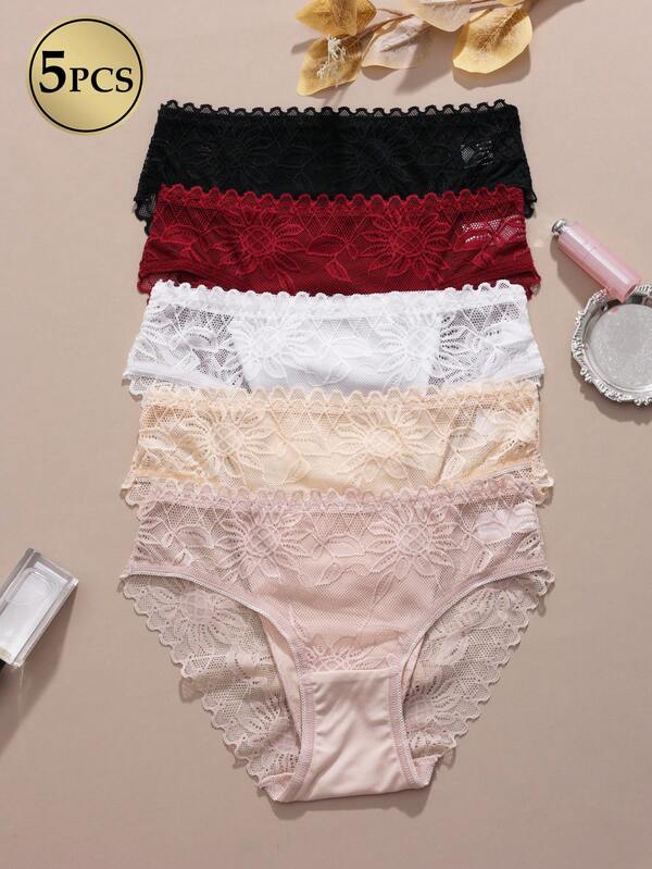 5pcs/Pack Lace Women's Panties - Full Coverage Panties With Lace Trim On Front And Back, Soft And Breathable Triangle Panties, Suitable For All Seasons, Elegant And Charming