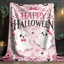 1pc Pink Happy Halloween Flannel Throw Blanket, Cute Bow Ghost Pumpkin Bat Spider Web Pattern, Soft Polyester Material, Suitable For Sofa, Bedroom And Holiday Home Decor Pastel Style Kawaii Halloween Blanket, Size 50*60in - Multicolor - View 7