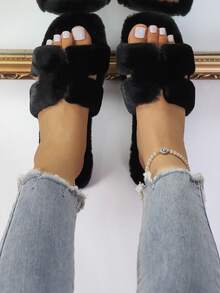 Women's Fashionable Comfortable Soft Home Slippers, Fuzzy Slippers, Women's Fluffy Open Toe Platform Slippers, Comfortable Solid Color Non-Slip Shoes, Soft Non-Slip House Slippers - Black - View 6