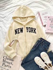 1pc Girls' New York Letter Print Zip-Up Hooded Jacket, Simple Cute Casual Young Girl' Sweatshirt - Apricot - View 3