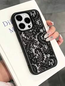 時尚個性化黑色蕾絲圖案荔枝紋手機殼，適用於 iPhone 18/18 Pro/18 Pro Max/17/17 Pro/17 Pro Max/16/16 Pro/16 Pro Max/15/15 Pro/15 Pro Max/14/13/12/11 - 黑色 - 查看 2