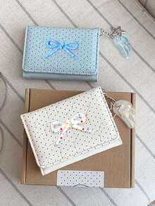 Cute Polka Dot 3-Fold Wallet With Bow Decor,Star Wing Charm,Portable Coin Purse & Card Holder,Compact Women's Short Purse,Daily Card Organizer - Multicolor - View 5