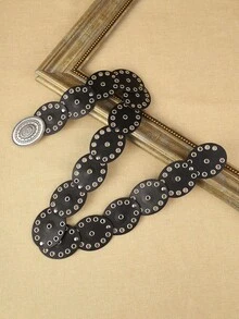 APLCSEY 1件女款PU金屬孔圓形腰帶，時尚波希米亞風服飾配件，適合日常使用 - 黑色 - 查看 4