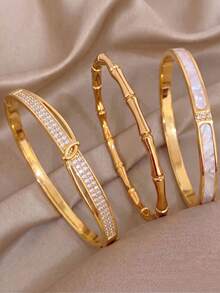 3‑Pcs Gold‑Plated Stainless‑Steel Bangle Set, Chain‑Link Paved Zirconia Cuff, Bamboo‑Joint Bracelet, Mother‑Of‑Pearl Shell Wrist Jewelry For Women - Gold - View 8
