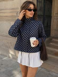 Women's Polka Dot Short Jacket, Long Sleeve Zip-Up Coat, Casual Spring/Autumn Outerwear - Navy Blue - View 3