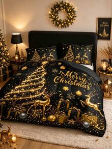 3pcs Christmas Theme Black Background Gold Christmas Tree & Deer Pattern Bedding Set - Soft, Comfortable & Breathable, 200g Quilted Filling, Includes 1 Quilt And 2 Pillowcases (Pillow Inserts Not Included) - Perfect Choice For Home Or Dorm Christmas Decoration - Multicolor - View 7