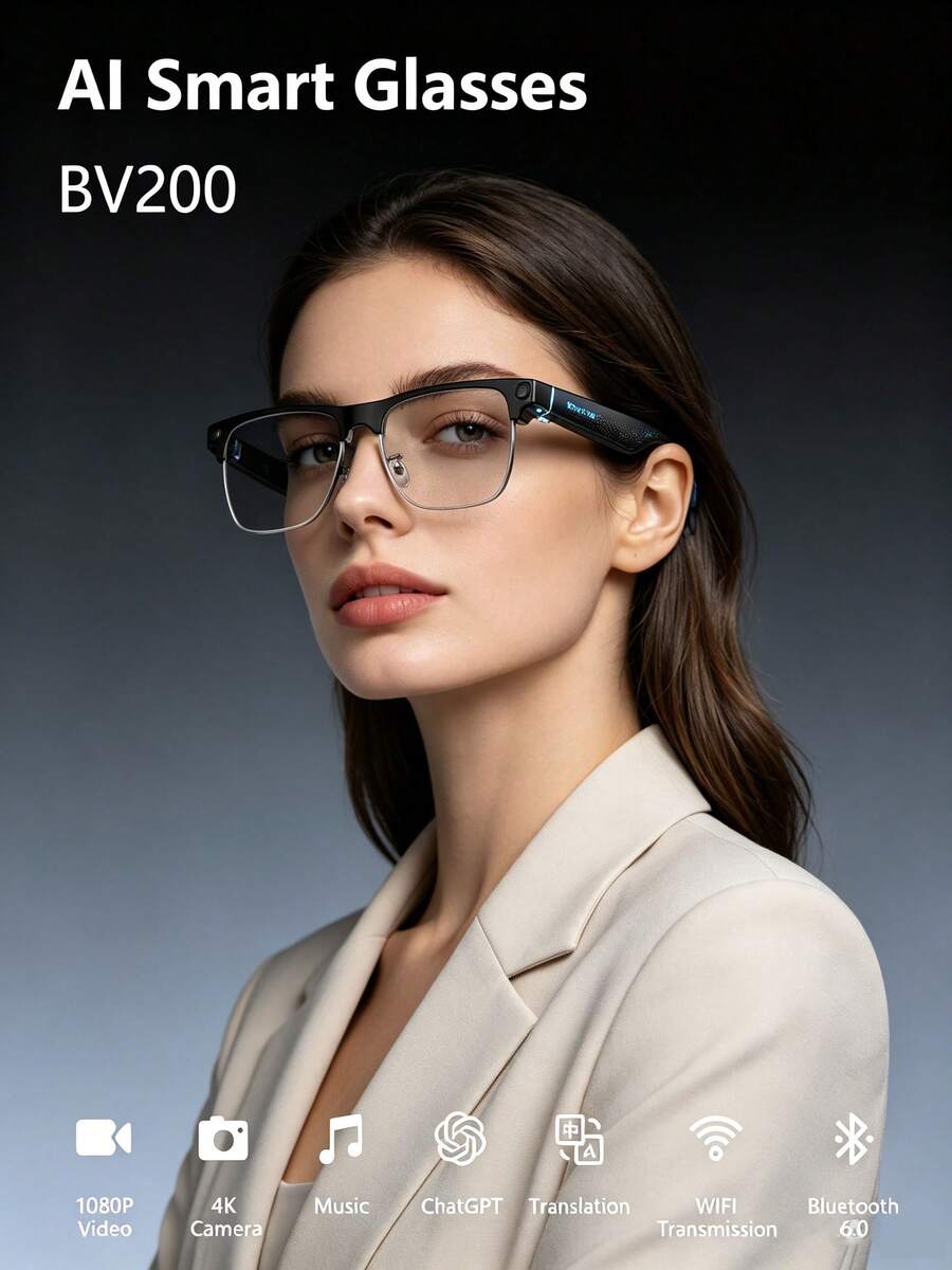 BLACKVIEW BV200 AI 智慧眼鏡,搭載 8MP 鏡頭、1200P 影片與 HD 照片、藍牙音訊、AI 語音助手、即時翻譯、物體識別、降噪通話、音樂 - 查看 1