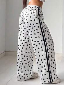 Women's Autumn Wide Leg Straight Loose Polka Dot Print Long Pants, Daily Business Casual Commute Date Work Wear With Pockets - White - View 3