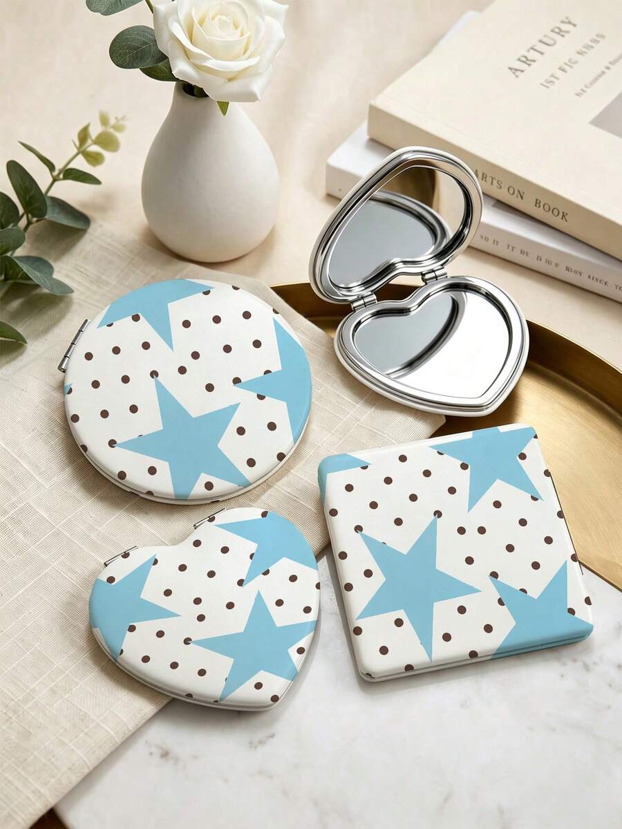 Blue Star Pattern Portable Folding Double-Sided Makeup Hand Mirror, A Shock-Proof And Easy-To-Carry Multi-Functional Small Beauty Mirror, A Travel Essential Suitable For Various Scenarios, An Ideal Gift Choice For Both Men And Women. - Multicolor - View 1