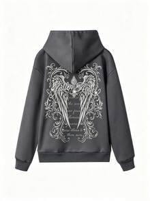 Vintage Angel Wings Rhinestone Sweatshirt, Street Style Loose Drop Shoulder Long Sleeve Top, Floral Print Pullover Sweatshirt - Grey - View 2