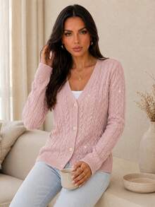 ChicMe Cardigan Rajut Kabel Berpayet Wanita, Leher V, Kancing Depan, Lengan Panjang, Sweater Modis, Pakaian Luar - Berwarna merah muda - View 5