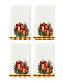 2pcs/4pcs Handuk Dapur Kotak Kado Natal Cat Air, Kotak Kado Pita Merah, Ranting Pinus Holly, Cetakan Buah Beri Merah, Pinggiran Pola Berlian Merah & Kuning, Handuk Tangan Liburan, Handuk Dekorasi Dapur dan Kue - MultiWarna - View 10