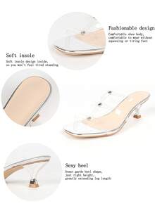 Women Square Toe Clear Rivet Straps Metallic Silver Mid Heel Mule Sandals Slip On Summer Casual Party Heels - Clear - View 6