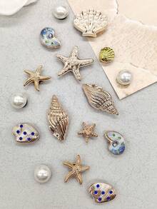 16pcs Gold Ocean Starfish Shell Resin Shoe Charms Shiny Rhinestone Scallop Shell Clogs Buckle DIY Decoration Faux Pearl Shoe Clips Accessories - Multicolor 16PCS Style No.267 - View 8