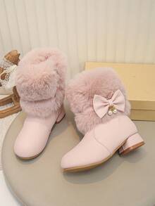 Girls' Pink Plush Bow High Heel Ankle Boots, Thermal Lined Thickened Winter Pearl Princess Dress Boots - Pink - View 5