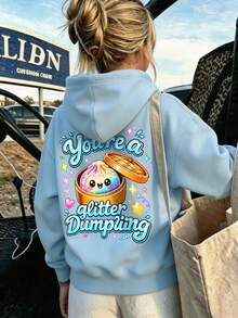 Girls Glitter Dumpling Cartoon Back Print Hoodie, Casual Oversized Pullover - Baby Blue - View 1