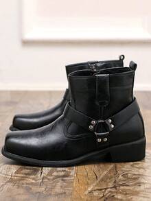 Men's High Heel Square Toe Chelsea Boots, Height Increasing British Style Side Zipper Cross Strap Ankle Boots, Business Casual Fashion Boots - Black - View 4