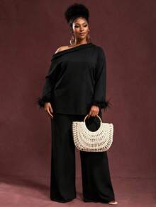 1pc Women Plus Size Elegant Solid Color Asymmetric/Asymmetrical Ruffle/Flounce Hem Outfit, Suitable For Evening Date, Casual, Vacation In Autumn Black Spring - Black - View 5