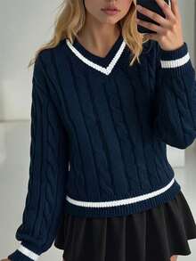 1 buah Atasan Kasual Serbaguna Nyaman Leher V untuk Anak Perempuan, Cocok untuk Aktivitas Luar Ruangan, Perjalanan, Pesta, Musim Gugur/Dingin - Navy Blue - View 10