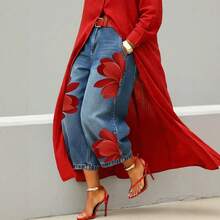Pantalones vaqueros de moda, talle alto, estampado floral, pierna ancha y corte holgado - Rojo - Ver 2