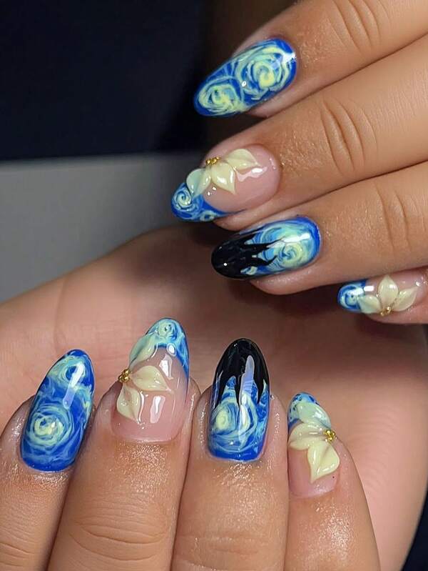 Elevate Your Fashion Taste! 24pcs Dreamy Blue Gradient Starry Sky Luxury Yellow Drip Glue Flower Embellished Oil Painting Style Almond Shape Press-On Nails, Includes 1pc Jelly Glue And 1pc Nail File, Suitable For Girls And Women's Daily Commute, Afternoon Tea, Office Wear Nail Art Supplies.