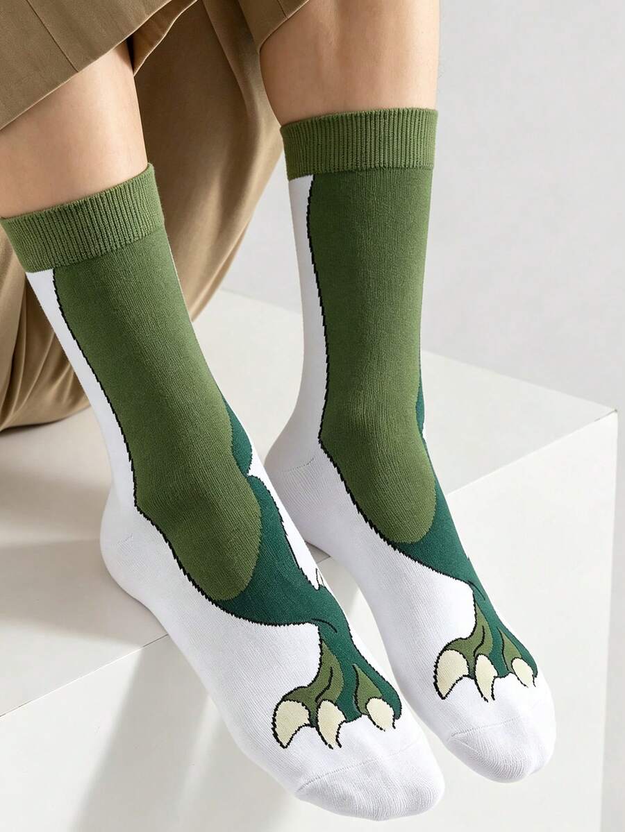 1 Pair Funny Dinosaur Footprint Mid-Calf Socks, Cute Green Claw Design Creative Socks, Perfect Creative Gift & Daily Streetwear Socks - Multicolor - View 1