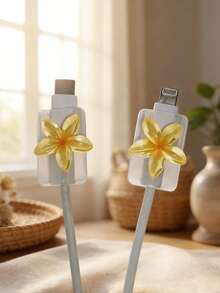 2PCS 3D Cute Plumeria Data Cable Protector, Transparent Crystal Flower Charging Cable Protector Anti-Breakage, Resin Material, No Battery Required, Suitable For Type-C - 2pcs Blue Frangipani - View 7