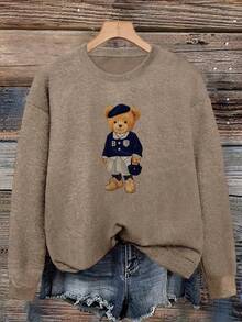 Elegant Casual Cute Plus Size Women's Bear Pattern Knit Sweater, Soft Warm Fuzzy Feel, Minimalist Versatile, Loose Comfortable - Earth Gray - View 4
