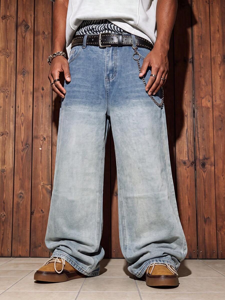 Men's Gradient Wide Leg Denim Jeans, Vintage Blue Gradient Transition Wash Minimalist Loose Clean Fit Casual Denim Pants (Belt Not Included) - Light Wash - View 1